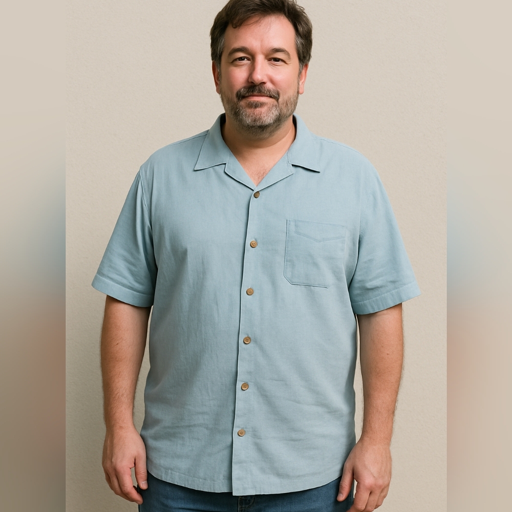 Men’s Light Blue Linen Blend Button-Up Shirt – Short Sleeve – Size XXL - Relaxed